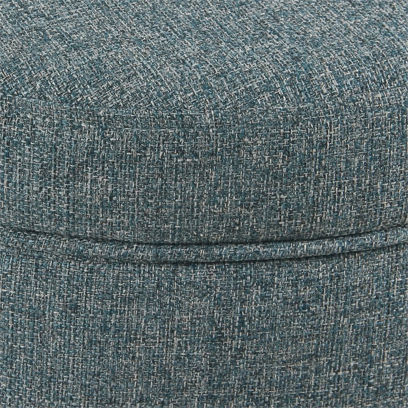 HomePop Round Transitional Wood and Fabric Storage Ottoman in Teal Blue Tweed