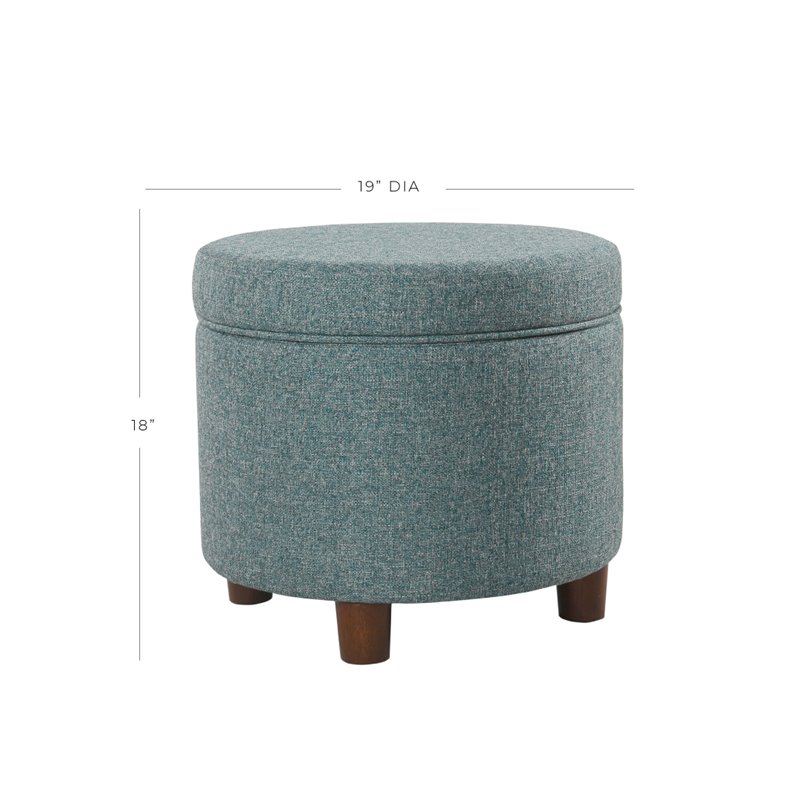 HomePop Round Transitional Wood and Fabric Storage Ottoman in Teal Blue Tweed