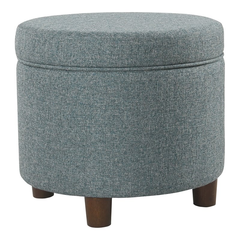 HomePop Round Transitional Wood and Fabric Storage Ottoman in Teal Blue Tweed