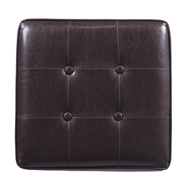 HomePop Square Transitional Wood and Faux Leather Storage Ottoman in Brown
