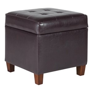homepop square transitional wood and faux leather storage ottoman in brown
