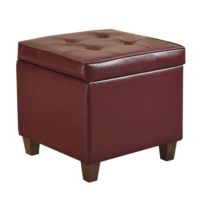 HomePop Square Transitional Faux Leather Storage Ottoman in Dark Red
