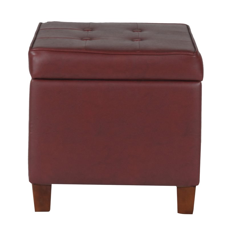HomePop Square Transitional Faux Leather Storage Ottoman in Dark Red