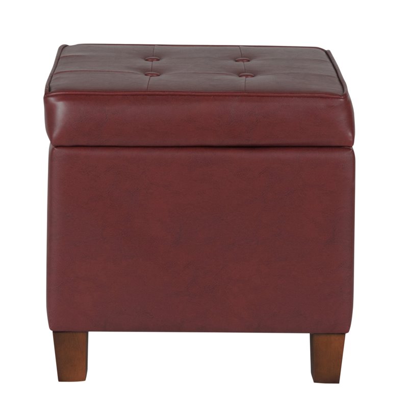 HomePop Square Transitional Faux Leather Storage Ottoman in Dark Red