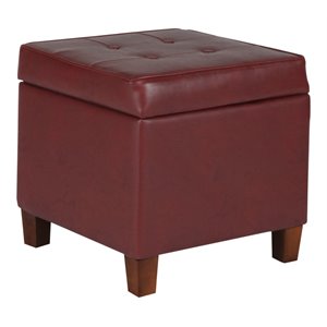 HomePop Square Transitional Faux Leather Storage Ottoman in Dark Red