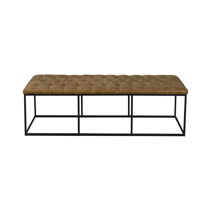 HomePop Draper Modern Faux Leather Large Ottoman with Button Tufting in Brown
