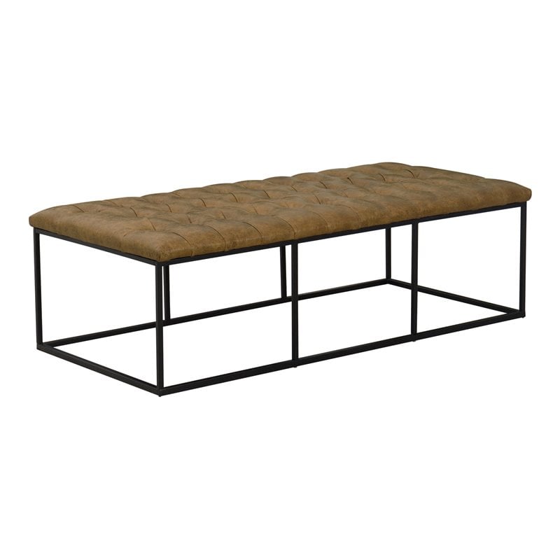 HomePop Draper Modern Faux Leather Large Ottoman with Button Tufting in Brown