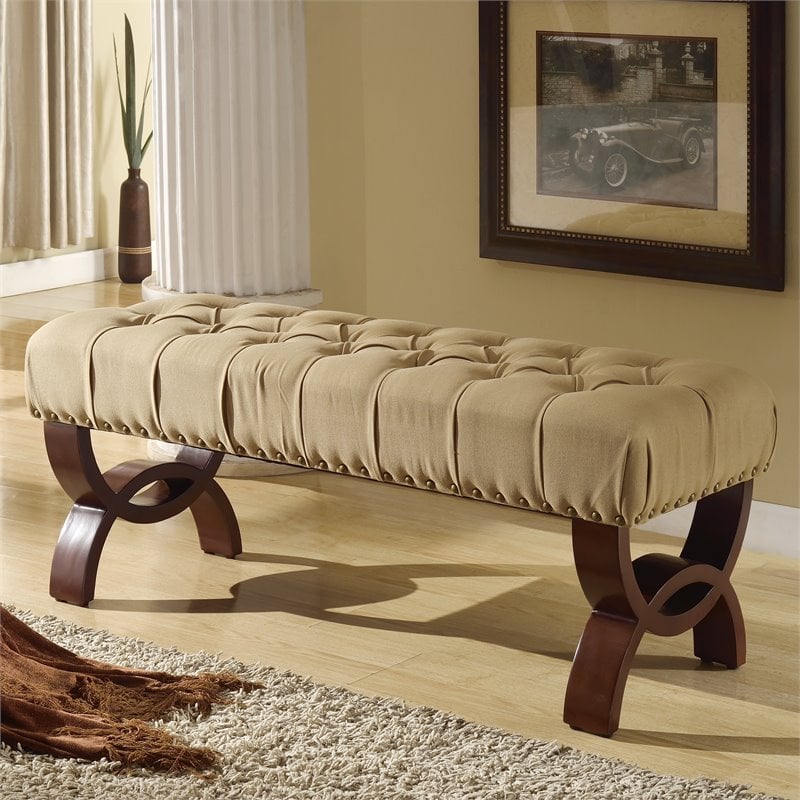 HomePop Carolina Wood and Fabric Tufted Bench with Nailhead Trim in Cream