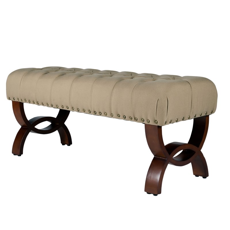 HomePop Carolina Wood and Fabric Tufted Bench with Nailhead Trim in Cream