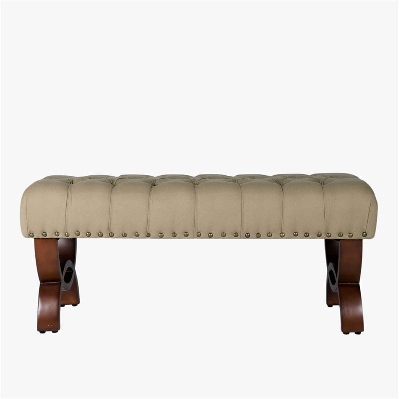 HomePop Carolina Wood and Fabric Tufted Bench with Nailhead Trim in Cream