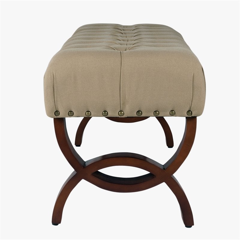 HomePop Carolina Wood and Fabric Tufted Bench with Nailhead Trim in Cream