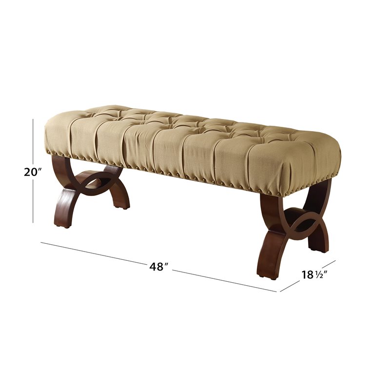 HomePop Carolina Wood and Fabric Tufted Bench with Nailhead Trim in Cream