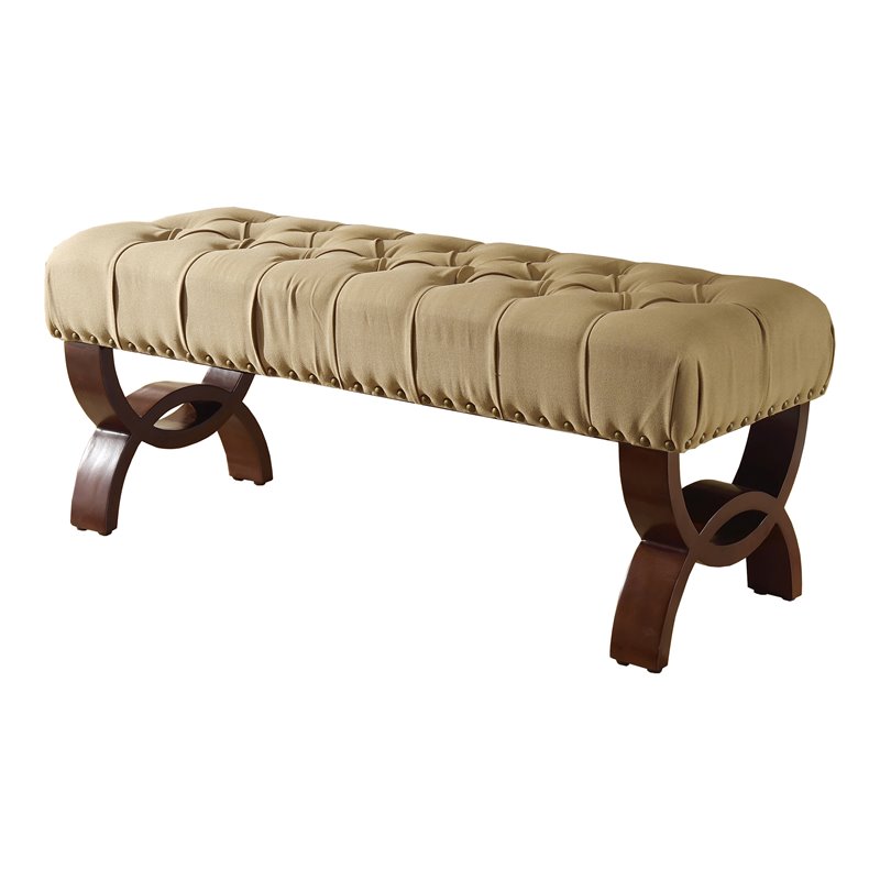 HomePop Carolina Wood and Fabric Tufted Bench with Nailhead Trim in Cream
