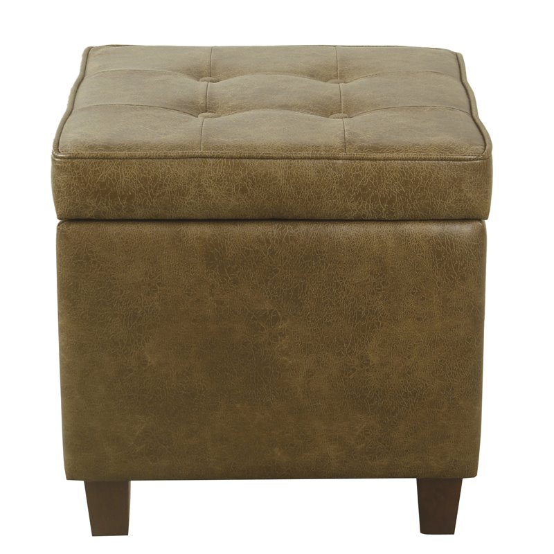 HomePop Transitional Wood and Faux Leather Storage Ottoman in Distressed Brown