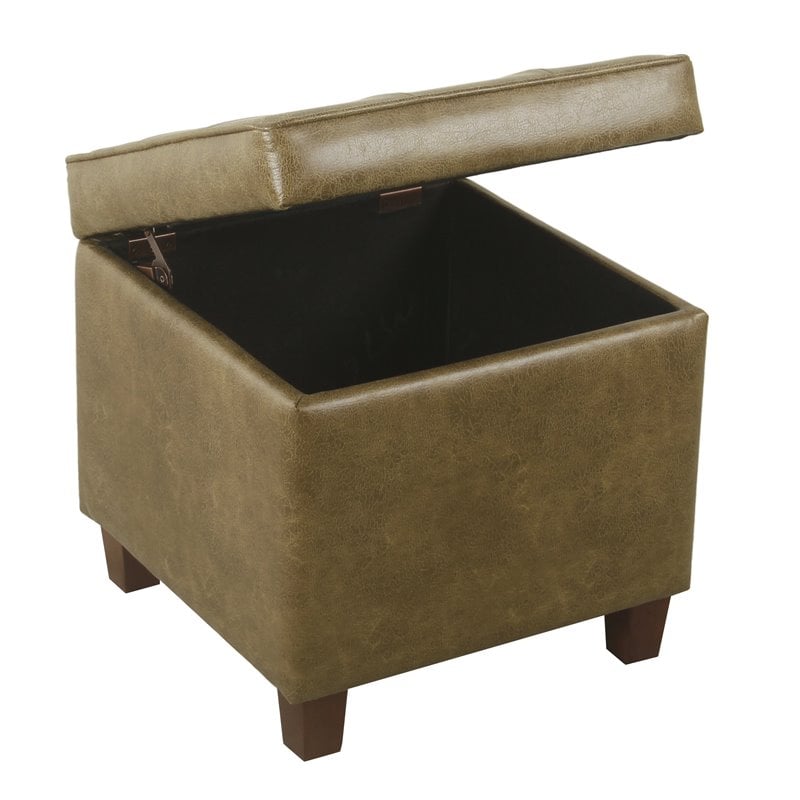HomePop Transitional Wood and Faux Leather Storage Ottoman in Distressed Brown
