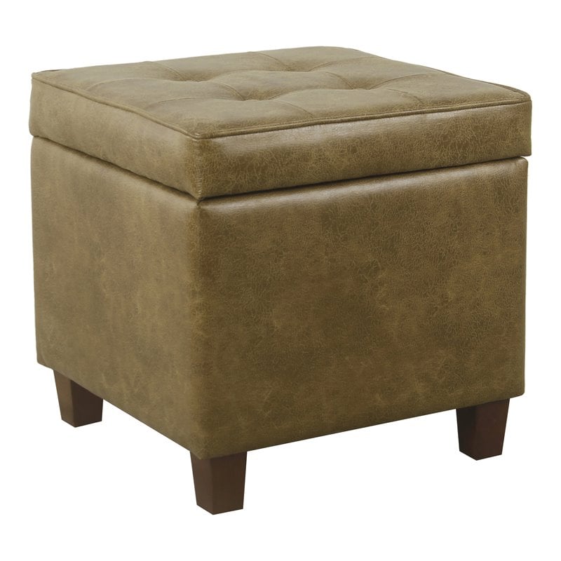 HomePop Transitional Wood and Faux Leather Storage Ottoman in Distressed Brown