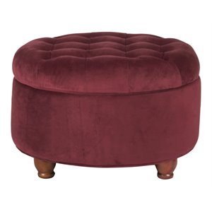homepop round traditional wood and velvet storage ottoman in red