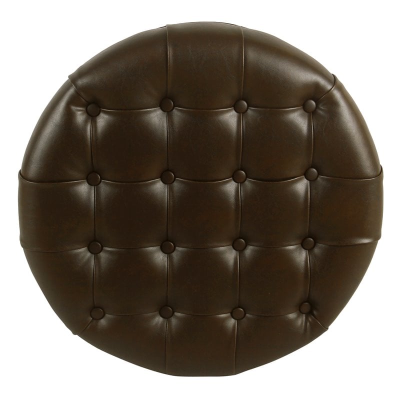 HomePop Round Traditional Wood and Faux Leather Large Storage Ottoman in Brown
