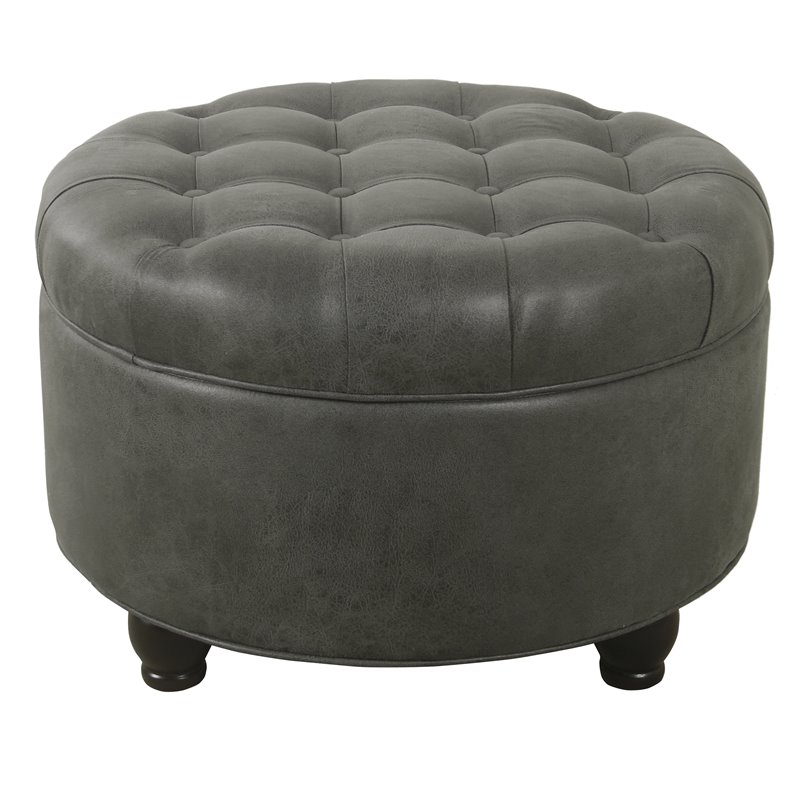 HomePop Round Traditional Wood and Faux Leather Large Storage Ottoman in Gray