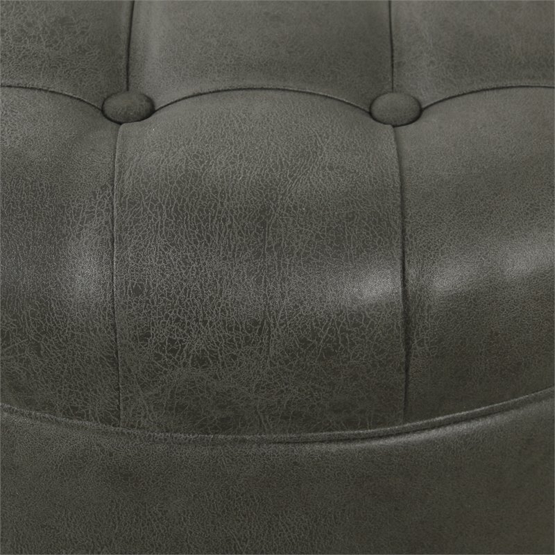 HomePop Round Traditional Wood and Faux Leather Large Storage Ottoman in Gray