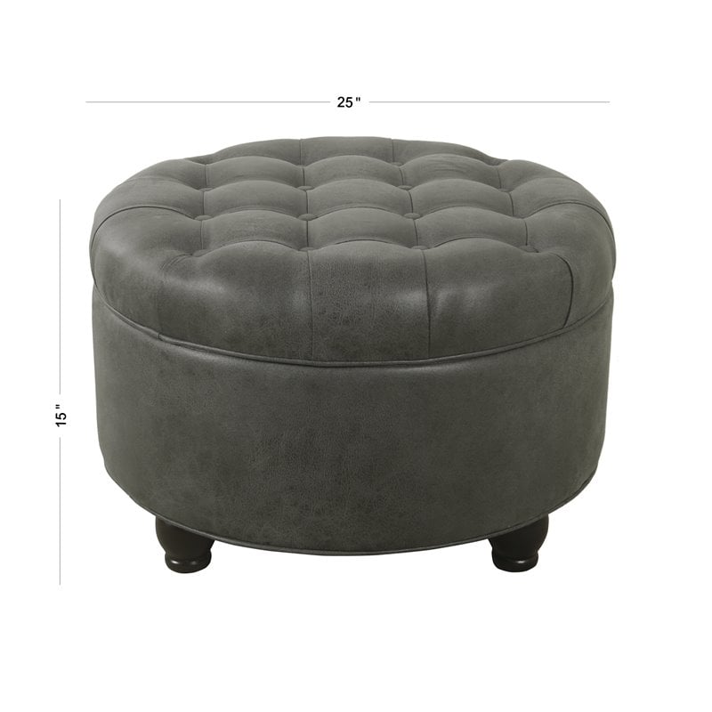 HomePop Round Traditional Wood and Faux Leather Large Storage Ottoman in Gray