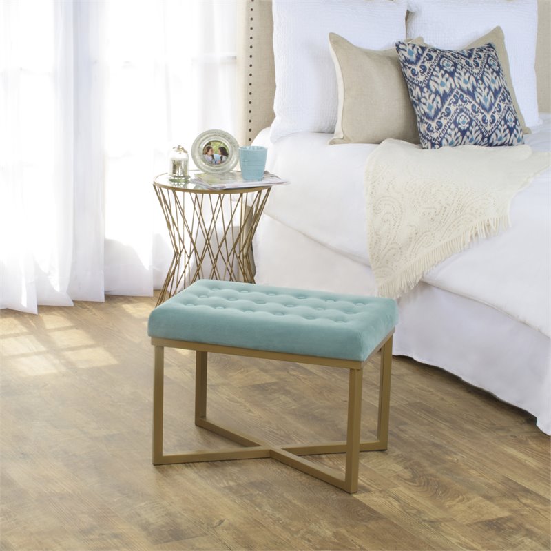 HomePop Modern Style Metal Bench with Velvet Seat in Blue Finish