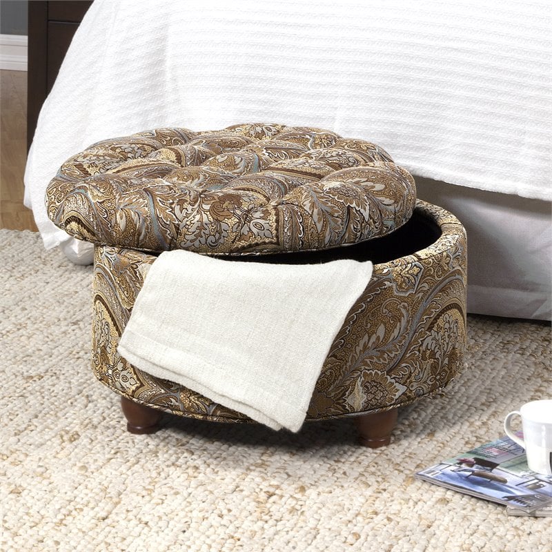 HomePop Round Traditional Fabric Paisley Pattern Large Storage Ottoman in Brown