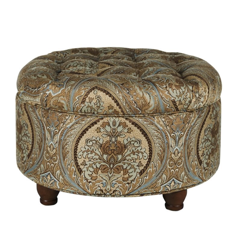 HomePop Round Traditional Fabric Paisley Pattern Large Storage Ottoman in Brown