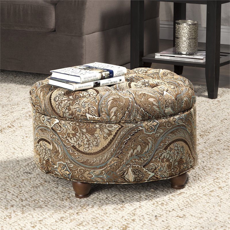HomePop Round Traditional Fabric Paisley Pattern Large Storage Ottoman in Brown
