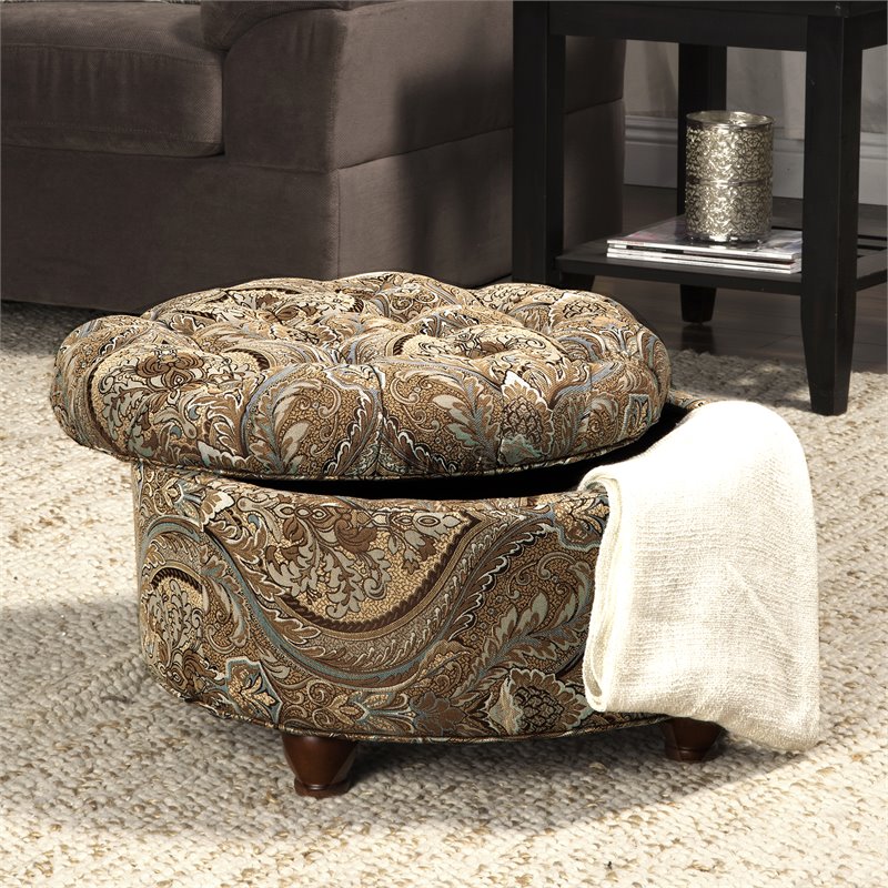 HomePop Round Traditional Fabric Paisley Pattern Large Storage Ottoman in Brown