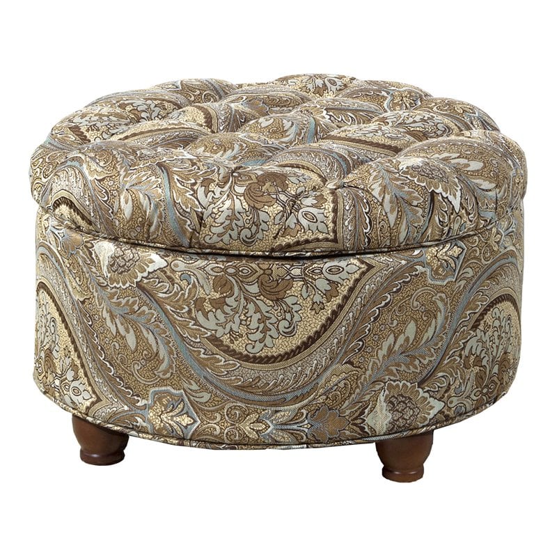 HomePop Round Traditional Fabric Paisley Pattern Large Storage Ottoman in Brown
