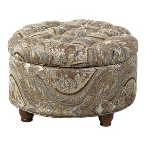 homepop round traditional fabric paisley pattern large storage ottoman in brown