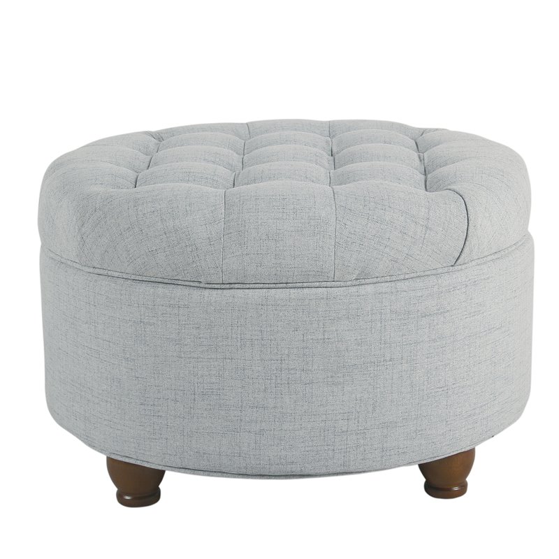 HomePop Round Traditional Wood and Fabric Large Storage Ottoman in Blue