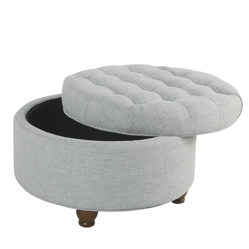 HomePop Round Traditional Wood and Fabric Large Storage Ottoman in Blue