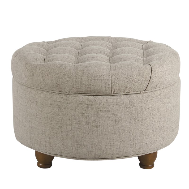 HomePop Round Traditional Wood and Fabric Large Storage Ottoman in Brown