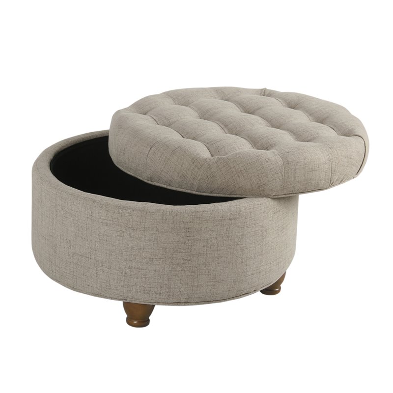 HomePop Round Traditional Wood and Fabric Large Storage Ottoman in Brown
