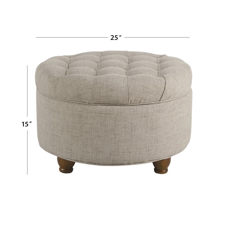 HomePop Round Traditional Wood and Fabric Large Storage Ottoman in Brown
