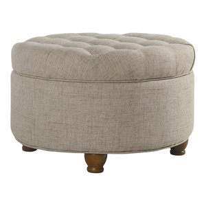 HomePop Round Traditional Wood and Fabric Large Storage Ottoman in Brown