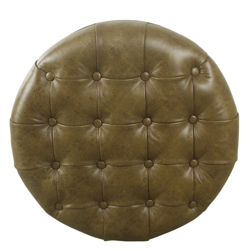 HomePop Round Traditional Faux Leather Large Storage Ottoman in Distressed Brown