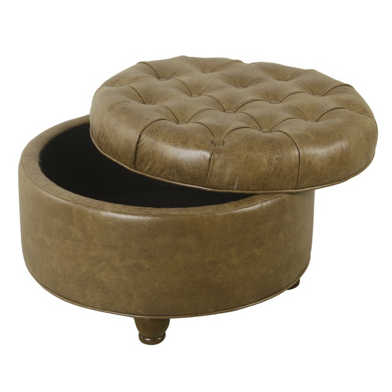 HomePop Round Traditional Faux Leather Large Storage Ottoman in Distressed Brown