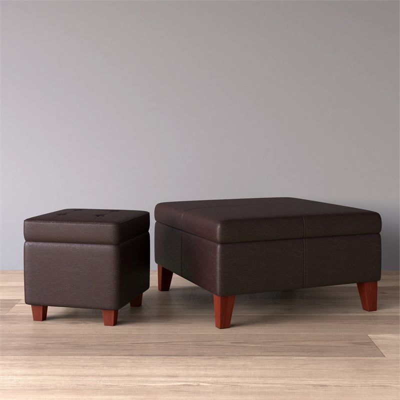 HomePop Transitional Faux Leather Storage Ottoman in Brown Finish