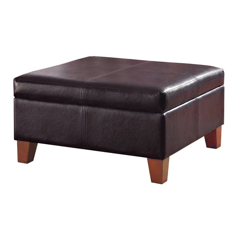 HomePop Transitional Faux Leather Storage Ottoman in Brown Finish