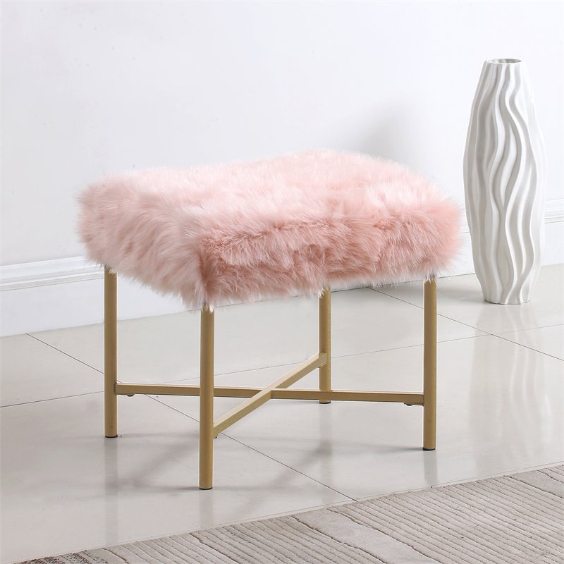 HomePop Square Modern Wood and Faux Fur Ottoman in Pink and Gold