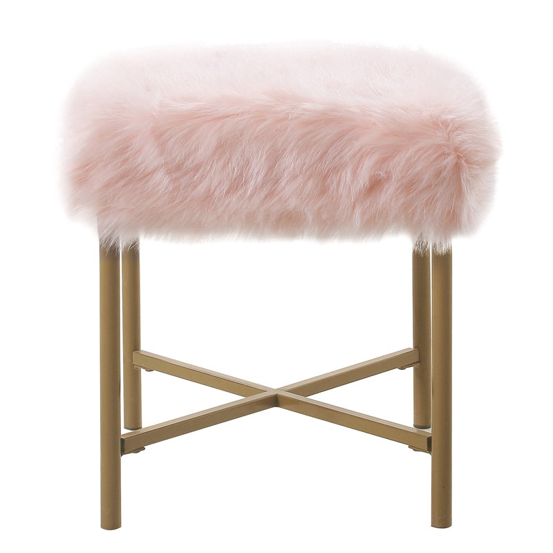 HomePop Square Modern Wood and Faux Fur Ottoman in Pink and Gold