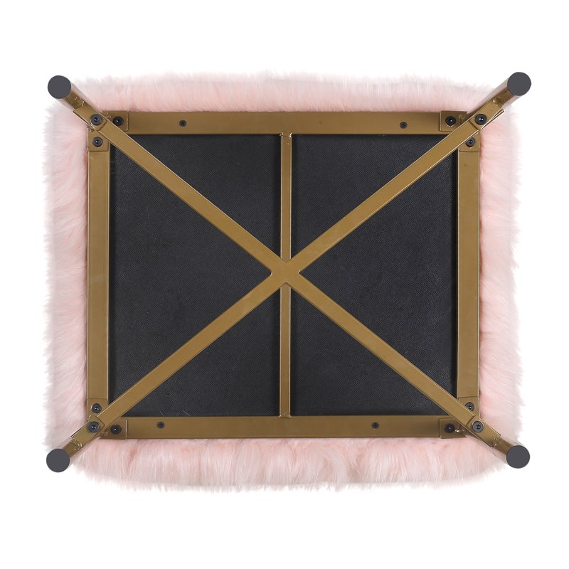 HomePop Square Modern Wood and Faux Fur Ottoman in Pink and Gold