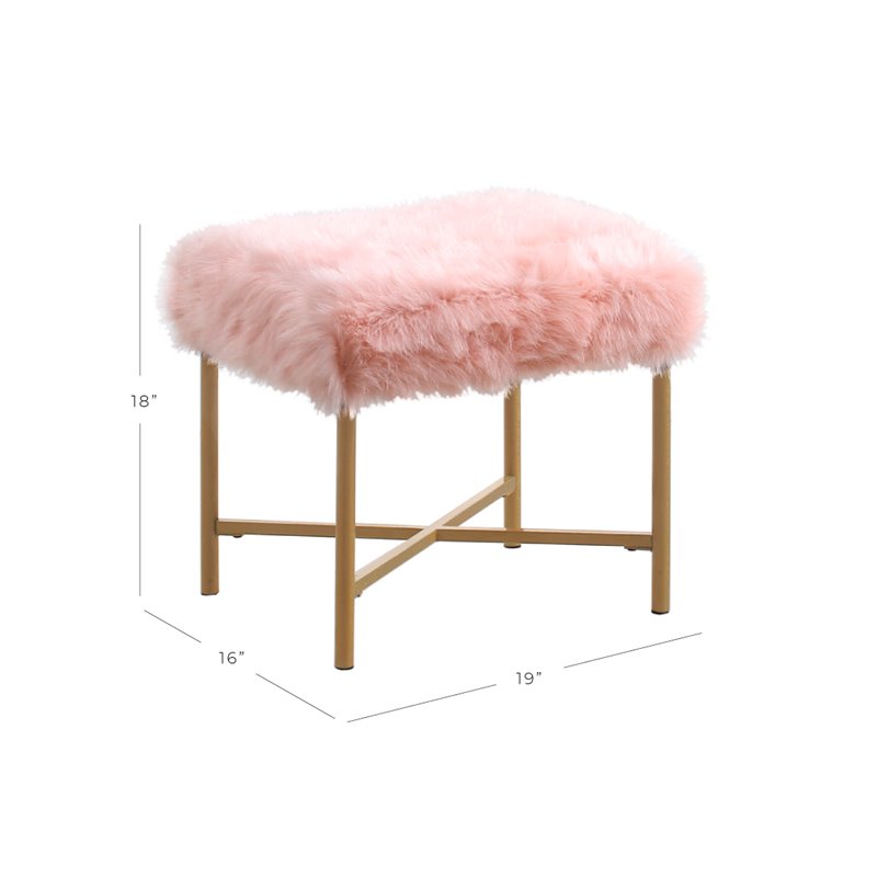 HomePop Square Modern Wood and Faux Fur Ottoman in Pink and Gold