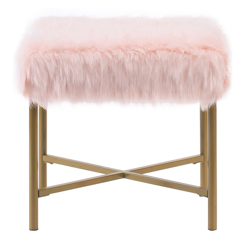 HomePop Square Modern Wood and Faux Fur Ottoman in Pink and Gold