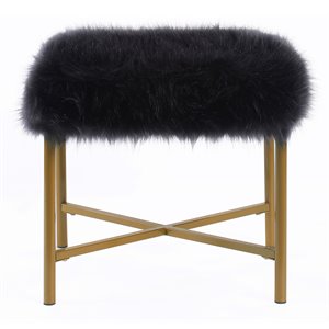 homepop square modern wood and faux fur ottoman in black and gold