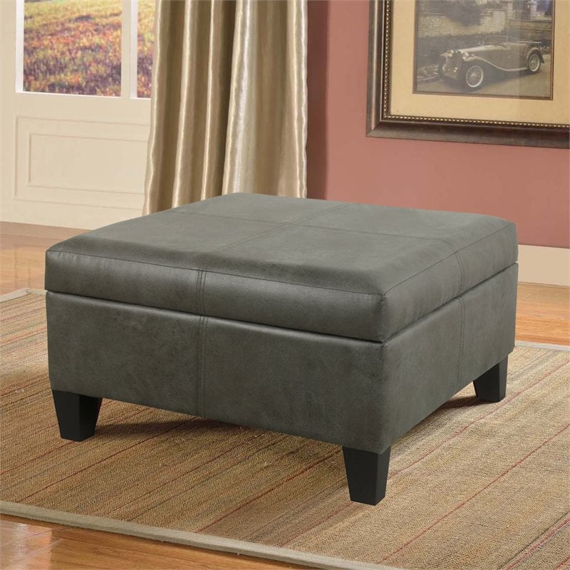 HomePop Transitional Faux Leather Storage Ottoman in Gray Finish