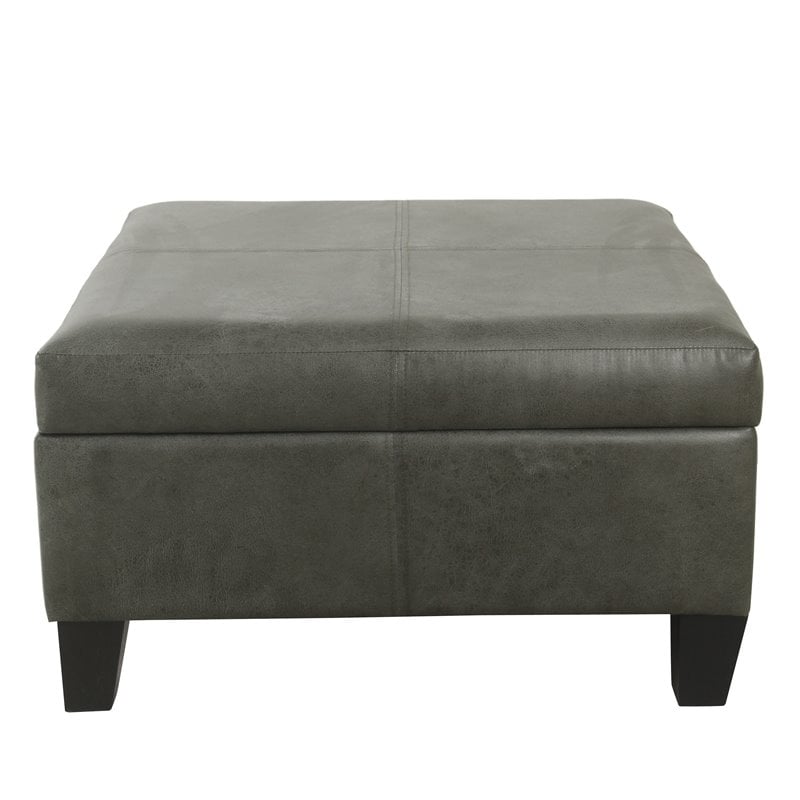 HomePop Transitional Faux Leather Storage Ottoman in Gray Finish